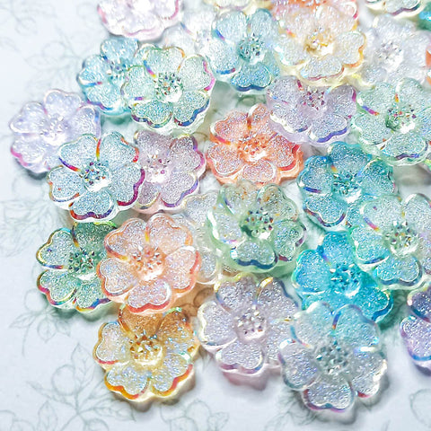 iridescent ab aurora borealis flower flowers flatback acrylic shimmer shimmery 12mm small pretty embellishment uk craft supplies cute kawaii pastel
