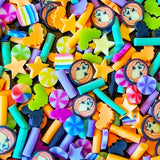 spooky halloween sprinkle sprinkles polymer clay slice slices nail art mini embellishment embellishments uk cute kawaii pumpkin pumpkins bat bats bright colours green pink orange yellow black star stars hundreds and thousands pin wheels rainbow slices