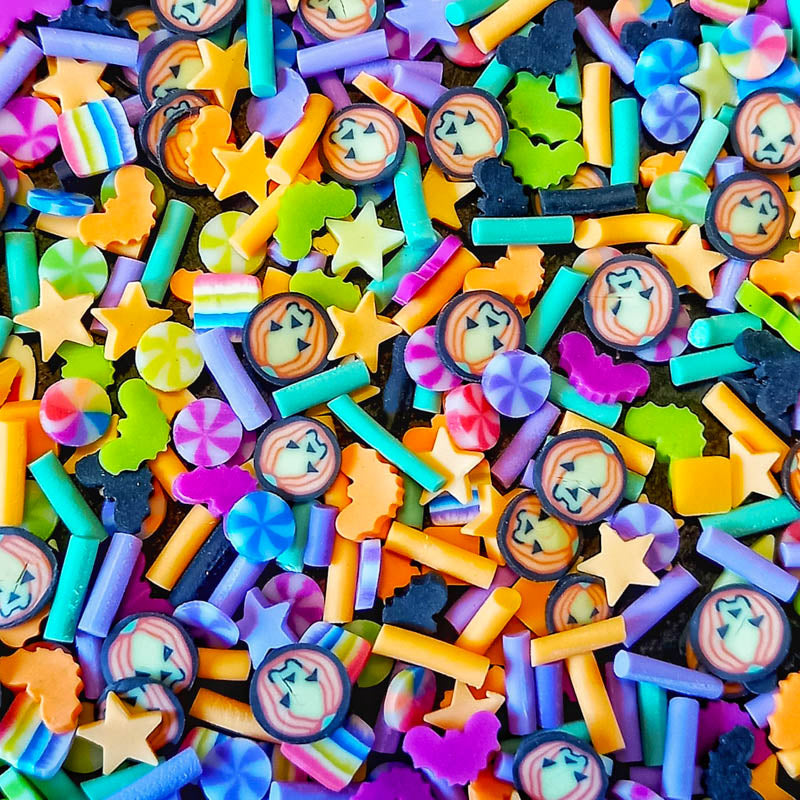 spooky halloween sprinkle sprinkles polymer clay slice slices nail art mini embellishment embellishments uk cute kawaii pumpkin pumpkins bat bats bright colours green pink orange yellow black star stars hundreds and thousands pin wheels rainbow slices