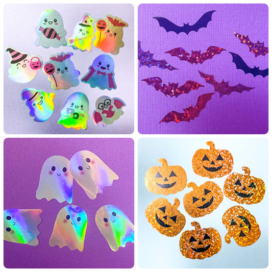 halloween large big jumbo packaging packing sticker stickers holo holographic foil glitter glittery seals 30mm ghost ghosts bat bats spooky pumpkin pumpkins cute kawaii craft supplies shop store stationery autumn leaf leaves maple