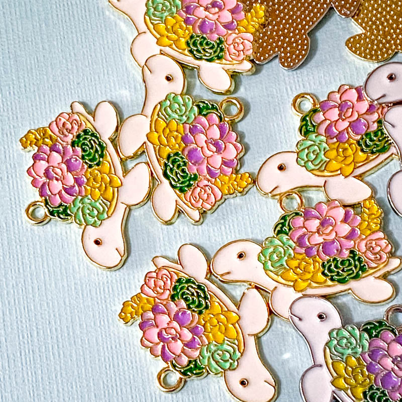 large big turtle turtles tortoise floral flower flowers enamel charm charms pendant metal gold silver tone white cute kawaii craft supplies shop crafts uk pretty spring animal animals