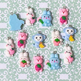 spring easter resin charm charms pendant cute kawaii uk craft supplies crafts pink blue white bear bears bunny bunnies rabbit rabbits monkey monkeys strawberry peach bananas fruit flower pretty