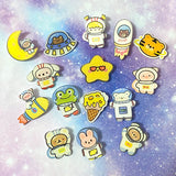 space theme themed acrylic pin brooch brooches badge badges fun cute kawaii gift gifts uk present stocking filler astronaut space ship frog bear bunny tiger planet moon puppy ice cream space galaxy plastic star