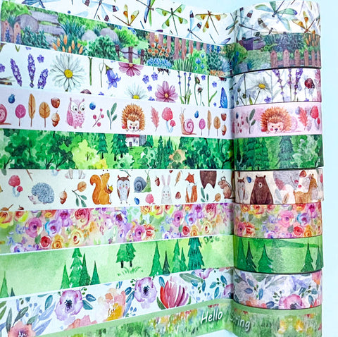 spring wood woodland animal tree trees leaves green cute kawaii 5m washi tape tapes uk stationery flower floral bear fox rabbit squirrel owl hedgehog plants flowers dragonfly dragonflies rolls roll blooms