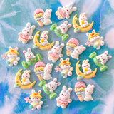 easter spring white rabbit bunny bunnies rabbits flatback flat back fb flatbacks fbs resins uk cute kawaii craft supplies easter pale pink yellow green blue moon sweet ice cream duck flower bow