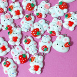 white rabbit rabbits bunny bunnies resin charm pendant charms red strawberry strawberries heart hearts pink bow ears uk cute kawaii craft supplies spring pretty pendants