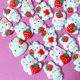 white rabbit rabbits bunny bunnies resin charm pendant charms red strawberry strawberries heart hearts pink bow ears uk cute kawaii craft supplies spring pretty pendants