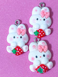 white rabbit rabbits bunny bunnies resin charm pendant charms red strawberry strawberries heart hearts pink bow ears uk cute kawaii craft supplies spring pretty pendants