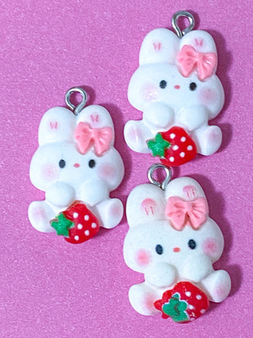 white rabbit rabbits bunny bunnies resin charm pendant charms red strawberry strawberries heart hearts pink bow ears uk cute kawaii craft supplies spring pretty pendants