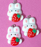 white rabbit rabbits bunny bunnies resin charm pendant charms red strawberry strawberries heart hearts pink bow ears uk cute kawaii craft supplies spring pretty pendants