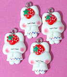 white rabbit rabbits bunny bunnies resin charm pendant charms red strawberry strawberries heart hearts pink bow ears uk cute kawaii craft supplies spring pretty pendants