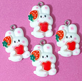 white rabbit rabbits bunny bunnies resin charm pendant charms red strawberry strawberries heart hearts pink bow ears uk cute kawaii craft supplies spring pretty pendants