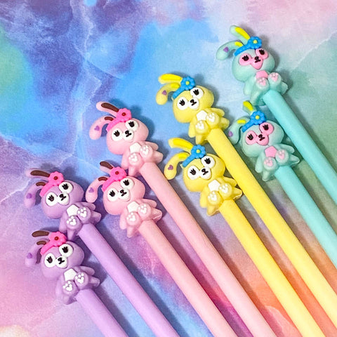 cute kawaii bunny topper chunky black ink fine line fineline pen pens uk stationery easter rabbit rabbits spring pens lilac purple pastel pink yellow lemon turquoise blue mint green flower pretty colours gel bunnies