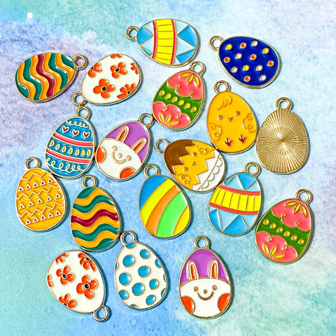 easter egg eggs gold tone metal enamel enamelled charm charms pendant spring springtime cute kawaii craft shop supplies uk bright colourful pink yellow chick bunny blue green orange teal turquoise white floral flowers striped stripes