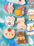 cute kawaii acrylic pin brooch brooches pins badge badges plastic fun cute kawaii uk gift gifts bear bears brown white bunny bunnies rabbit rabbits spring easter fruit strawberry peach carrot baby flower stocking filler fillers party present