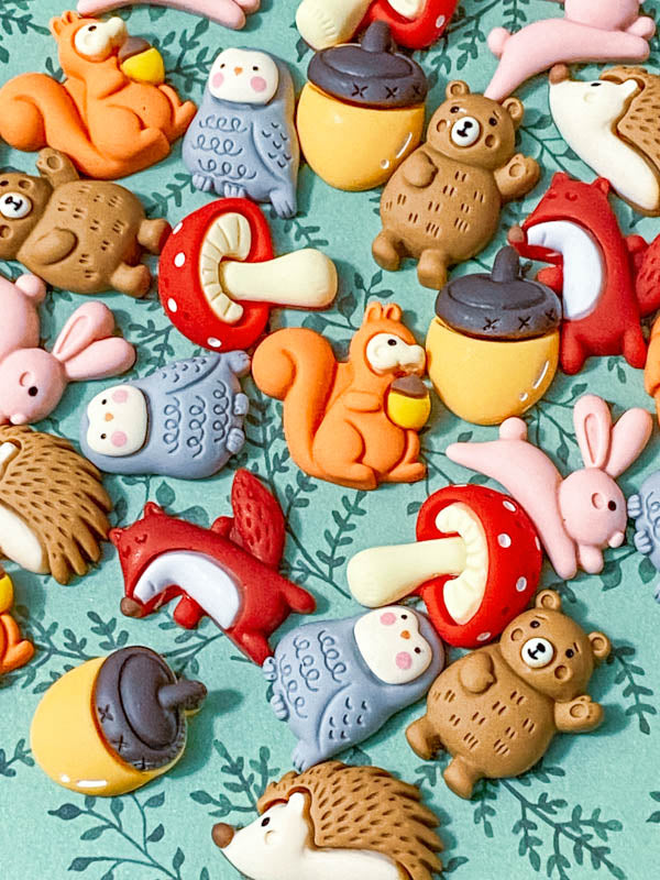 woodland animal animals resin flatback flat back backs fb fbs embellishment craft supplies fb fbs acorn brown bear bears squirrel squirrels mushroom mushrooms rabbit pink rabbits bunny bunnies fox foxes red hedgehog hedgehogs squirrel squirrels owl owls bird grey orange red brown yellow autumn uk craft supplies