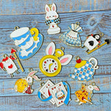 alice in wonderland theme themed enamel charm charms pendant pendants gold tone metal enamelled hat cup teacup teacups guard guards card cards playing rabbit rabbits white teapot teapots dress blue red heart hearts yellow white black uk cute kawaii craft supplies pendant pendants clock face ears