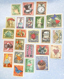 alice in wonderland sticker stickers stamp stamps vintage style illustration tenniel lewis carroll big stationery uk set pack postage stamps stickers rabbit white bunny hat mad hatter red queen of hearts pocket watch mushroom key drink me cake eat me cheshire cat potion messenger guard butterfly colourful retro vibe vibes feel nostalgic planner supplies rose roses teacup cups