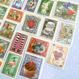 alice in wonderland sticker stickers stamp stamps vintage style illustration tenniel lewis carroll big stationery uk set pack postage stamps stickers rabbit white bunny hat mad hatter red queen of hearts pocket watch mushroom key drink me cake eat me cheshire cat potion messenger guard butterfly colourful retro vibe vibes feel nostalgic planner supplies rose roses