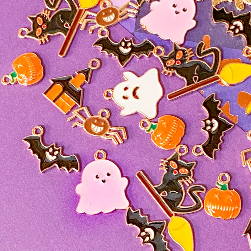 halloween spooky gold tone charm charms pendant pendants black orange white yellow pumpkin pumpkins pink ghost ghosts bat bats scary cat witch witches cats broom broomstick spider spiders haunted house houses uk craft supplies shop