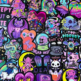 spooky but cute kawaii goth gothic sticker stickers laptop stationery uk pack set bright vibrant skull skulls coffin halloween spooky snake bat bats death graveyard potion magic spell spells witchcraft heart purple magenta black yellow blue orange vivid eyeball