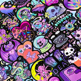spooky but cute kawaii goth gothic sticker stickers laptop stationery uk pack set bright vibrant skull skulls coffin halloween spooky snake bat bats death graveyard potion magic spell spells witchcraft heart purple magenta black yellow blue orange vivid eyeball