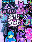 spooky but cute kawaii goth gothic sticker stickers laptop stationery uk pack set bright vibrant skull skulls coffin halloween spooky snake bat bats death graveyard potion magic spell spells witchcraft heart purple magenta black yellow blue orange vivid eyeball