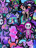 spooky but cute kawaii goth gothic sticker stickers laptop stationery uk pack set bright vibrant skull skulls coffin halloween spooky snake bat bats death graveyard potion magic spell spells witchcraft heart purple magenta black yellow blue orange vivid eyeball