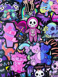 spooky but cute kawaii goth gothic sticker stickers laptop stationery uk pack set bright vibrant skull skulls coffin halloween spooky snake bat bats death graveyard potion magic spell spells witchcraft heart purple magenta black yellow blue orange vivid eyeball