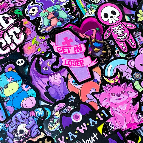 spooky but cute kawaii goth gothic sticker stickers laptop stationery uk pack set bright vibrant skull skulls coffin halloween spooky snake bat bats death graveyard potion magic spell spells witchcraft heart purple magenta black yellow blue orange vivid eyeball