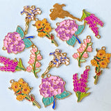 spring summer flower flowers bloom blooms garden plant plants pink lilac yellow purple white blossom gold tone metal enamel charm charms pendant pendants uk cute kawaii craft supplies shop store hydrangea lupin sunflower sunflowers yellow orange