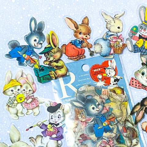 retro vintage kitsch feel bunny rabbit bunnies rabbits clear plastic pet sticker stickers flake flakes pack uk cute kawaii stationery shop present gift gifts easter spring fun funny old fashioned victorian 1940s 1950s nostalgic