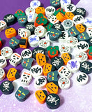 spooky halloween poy polymer clay bead beads set uk cute kawaii craft supplies shop skull skulls cat cats cross bones pumpkin pumpkins bat bats monster ghost ghosts spider spiders web webs mixed collection orange black white green grey purple