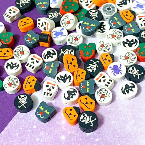 spooky halloween poy polymer clay bead beads set uk cute kawaii craft supplies shop skull skulls cat cats cross bones pumpkin pumpkins bat bats monster ghost ghosts spider spiders web webs mixed collection orange black white green grey purple