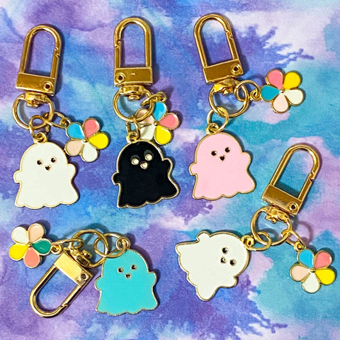 cute kawaii ghost ghosts bag charm keyring key ring rings gold tone metal enamel enamelled pink turquoise blue black white uk gift gifts halloween spooky autumn present shop store stationery supplies planner addict chunky clip flower rainbow happy