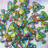 magic magical rainbow coloured iridescent ombre mushroom charm pendant charms metal zinc alloy titanium large uk cute kawaii craft supplies toadstool fungi purple green blue pink yellow spots bright