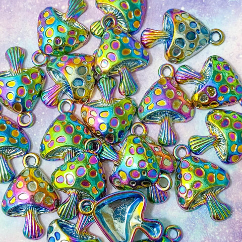 magic magical rainbow coloured iridescent ombre mushroom charm pendant charms metal zinc alloy titanium large uk cute kawaii craft supplies toadstool fungi purple green blue pink yellow spots bright