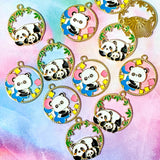 cute kawaii panda pandas round large big hoop circular charm charms pendant pendants gold tone metal enamel enamelled colourful leaf leaves bamboo uk craft supplies shop store kawaii pretty jewellery