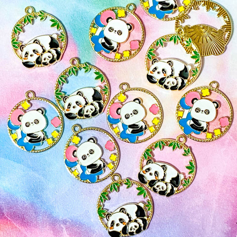cute kawaii panda pandas round large big hoop circular charm charms pendant pendants gold tone metal enamel enamelled colourful leaf leaves bamboo uk craft supplies shop store kawaii pretty jewellery