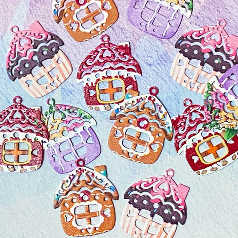 gingerbread house houses festive christmas metal rainbow charm charms pendant uk cute kawaii craft supplies cut out filigree cute kawaii craft supplies red brown lilac pink cake cupcakes cakes sweet sweets