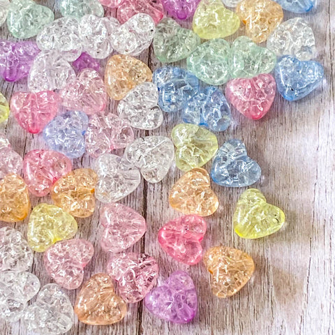 heart hearts bead beads acrylic plastic crackle glaze 10mm small 3d rounded uk cute kawaii craft supplies shop jewellery making pretty pink blue lilac clear white green yellow mixed set