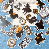 alice in wonderland opaque glossy sticker stickers flake flakes pack of 30 29 black silhouette white brown tan gold eat me mad hatter rabbit cheshire cat we're all mad here tea cup pot crown queen rose roses drink uk cute kawaii stationery planner supplies