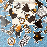alice in wonderland opaque glossy sticker stickers flake flakes pack of 30 29 black silhouette white brown tan gold eat me mad hatter rabbit cheshire cat we're all mad here tea cup pot crown queen rose roses drink uk cute kawaii stationery planner supplies