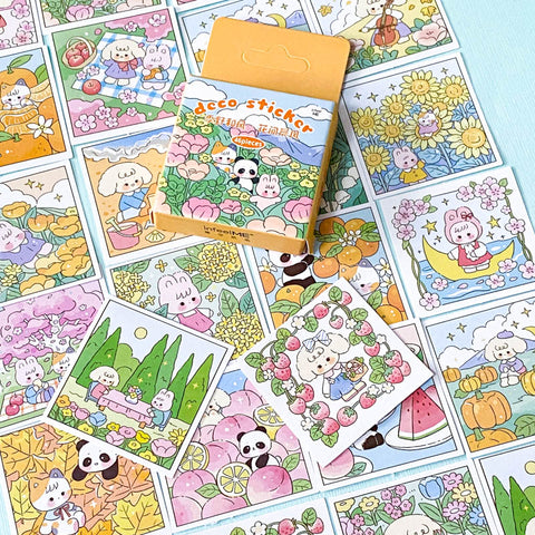 spring flower flowers panda cat bunny puppy dog square glossy sticker stickers flake flakes mini small box of 46 colourful pretty blossom fruit fruits harvest time summer cherry blossom animals pack uk cute kawaii stationery gift gifts shop store planner addict supplies deco