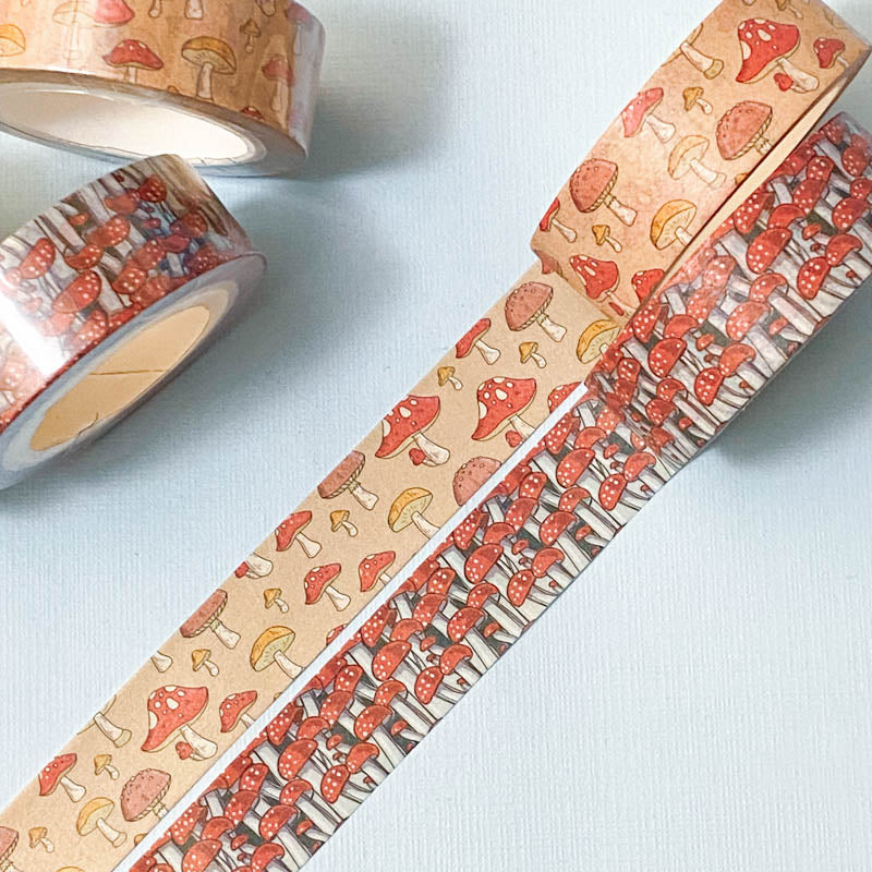 mushroom washi tape tapes red and white fungi toadstool toadstools fairy mushrooms spotted kraft brown white spots nature woodland uk cute kawaii stationery planner supplies 10m roll rolls