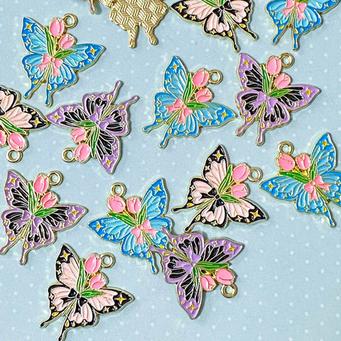 enamel charm charms pendant pendants gold tone metal enamelled butterfly butterflies floral flower flowers pink blue turquoise purple lilac black tulip tulips pretty uk craft supplies shop store big large
