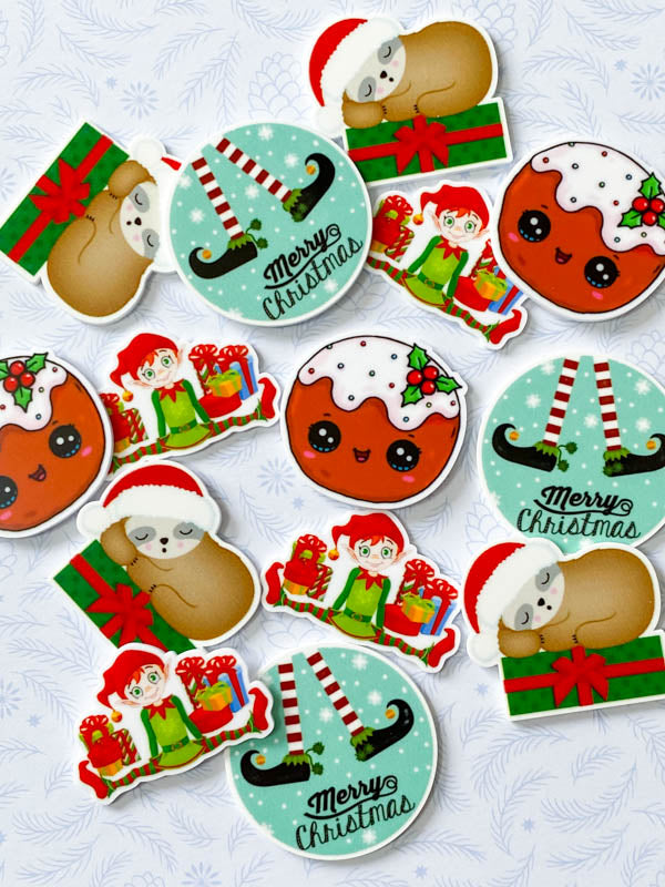 festive christmas planar flat back flatback fb fbs embellishment uk cute kawaii crafts craft supplies elf elves sloth sloths present pudding presents