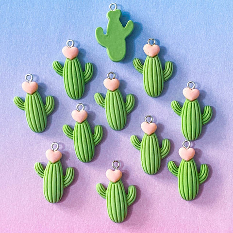 green and pink cacti cactus plant plants resin charm charms pendant pendants cute kawaii uk craft supplies heart hearts flower flowers shop store silver tone hook fun jewellery making