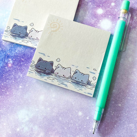 cute cat cats kitten kittens swim swimming water heeads fun pretty kawaii note notes sticky pad pads memo memos uk stationery blue grey cream buff sheet sheets gift gifts planner supplies shop store