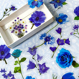 clear plastic sticker stickers flake flakes mini box of 20 40 blue lilac purple turquoise flower flowers floral bloom blooms garden spring stationery uk cute kawaii beautiful rose anemone daisy lavender planner supplies shop store